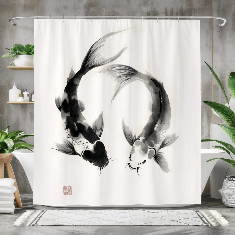 Cortina de ducha de peces, cor - Japanese Home Bathroom Design reseña y precio